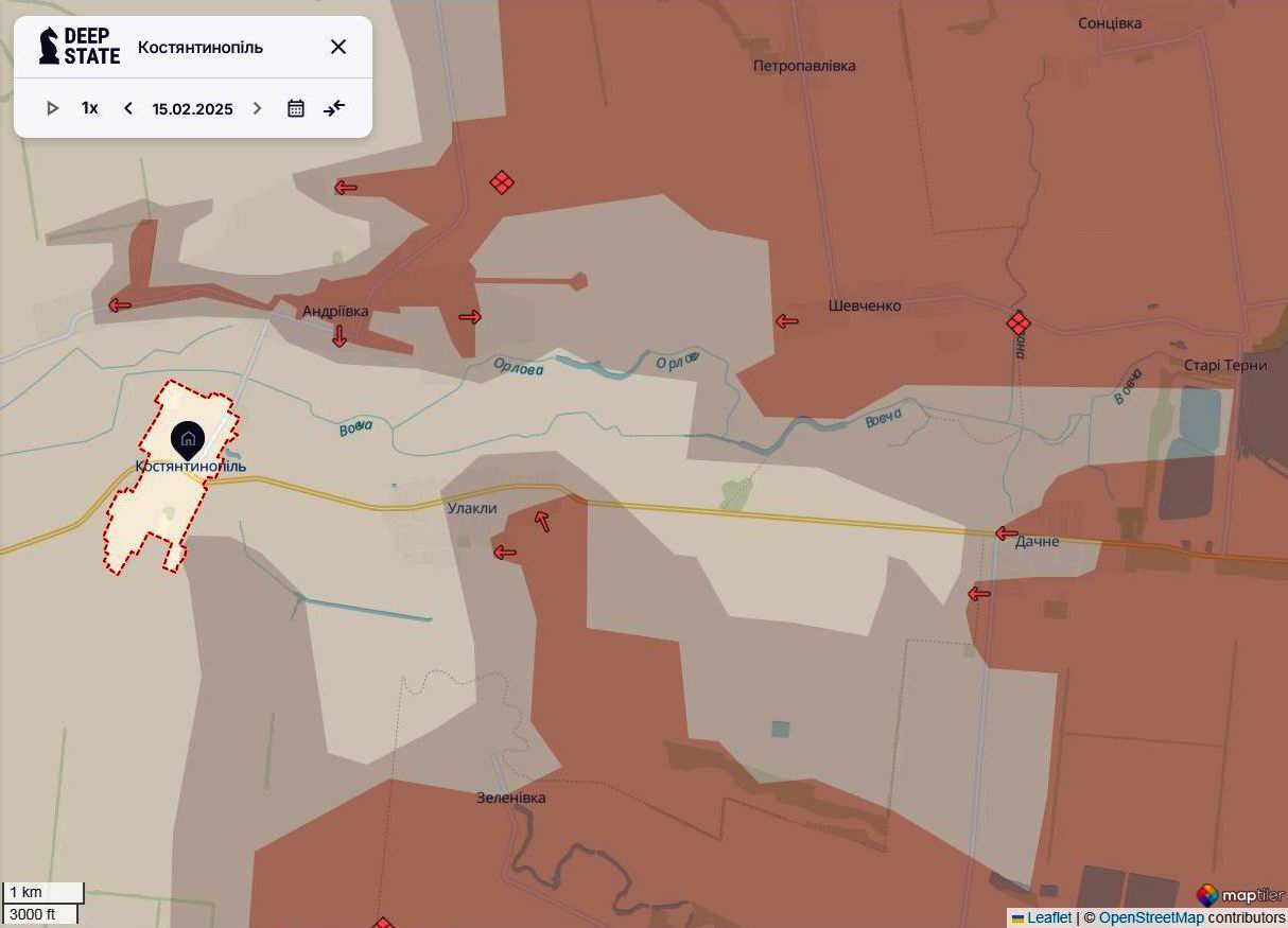 Линия фронта в районе Константинополя по состоянию на 15 февраля/DeepStateMAP Линия фронта в районе Константинополя по состоянию на 15 февраля/DeepStateMAP
