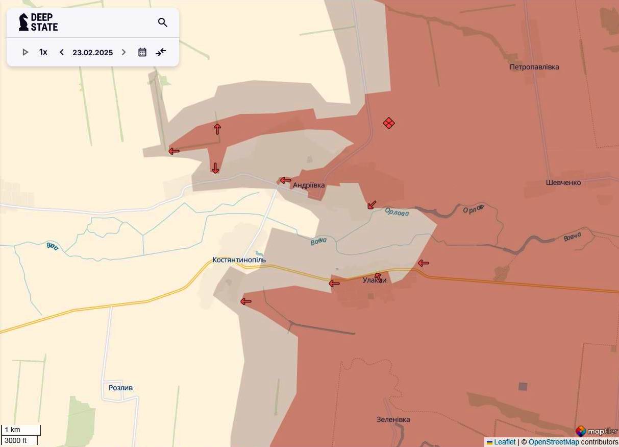 Лінія фронту в районі Костянтинополя станом на 23 лютого / DeepStateMAP