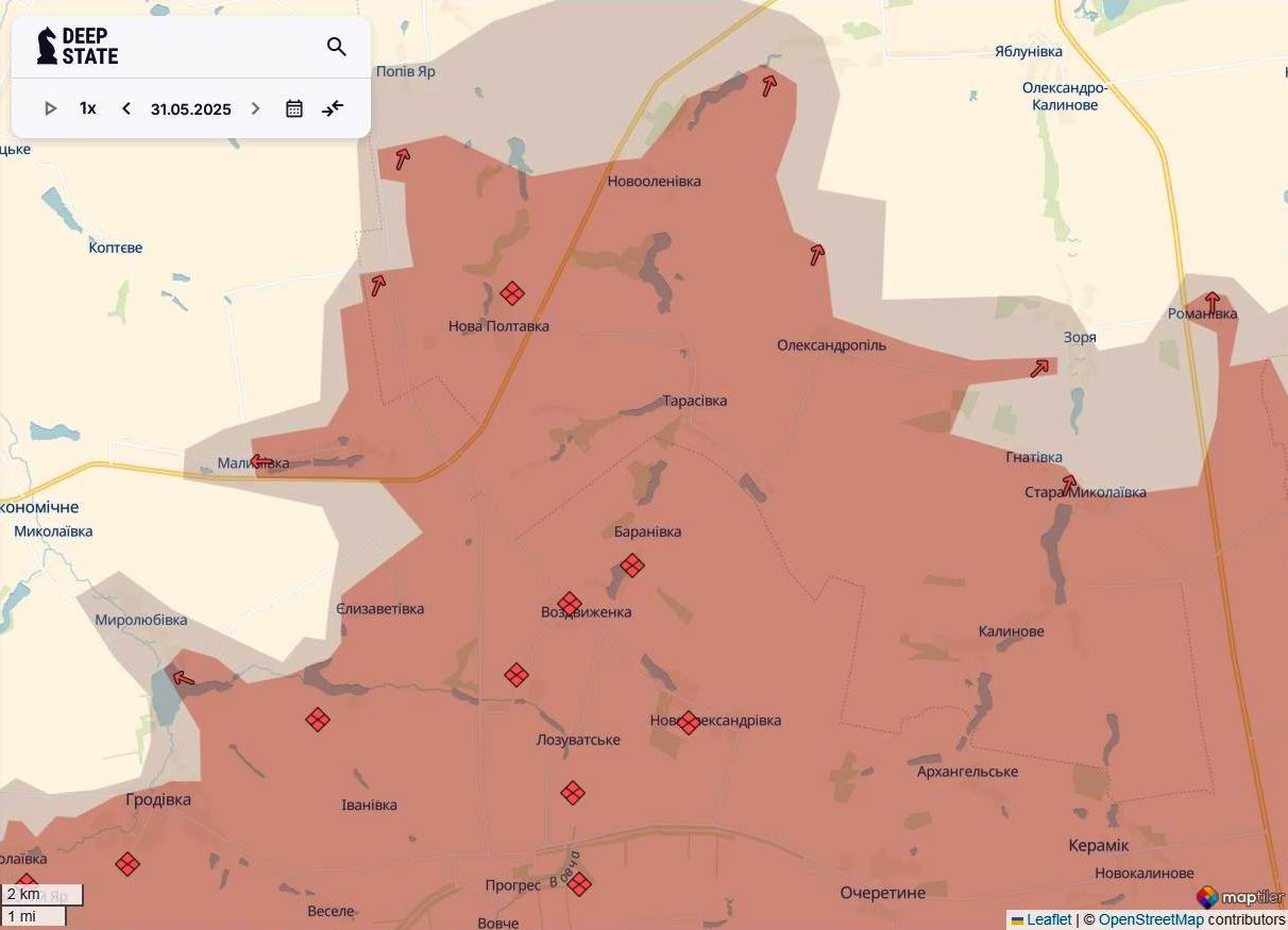 Лінія фронту на півночі покровського напрямку станом на 31 травня / DeepStateMAP Лінія фронту на півночі покровського напрямку станом на 31 травня / DeepStateMAP