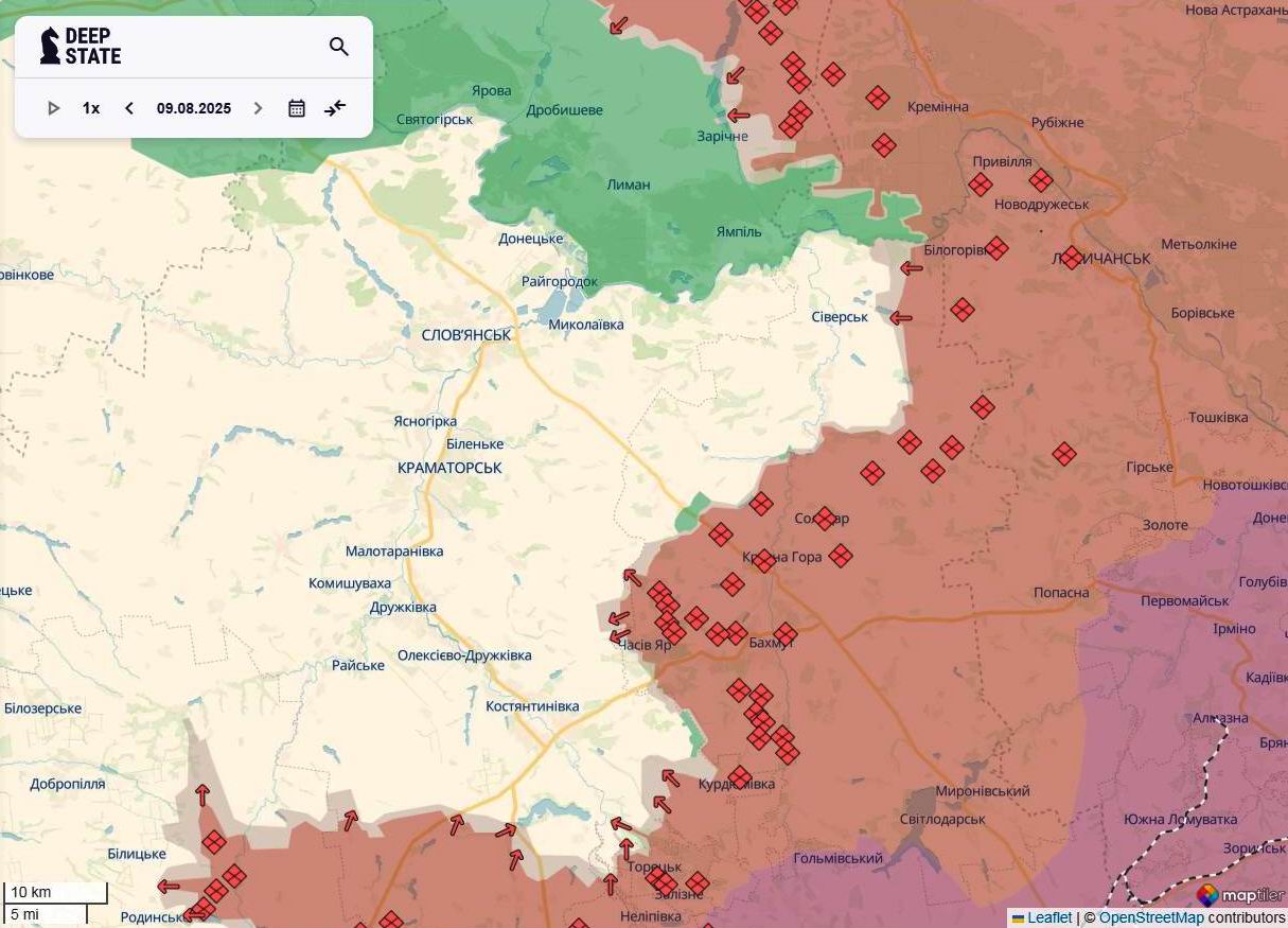 Лінія фронту довкола слов'янсько-краматорської агломерації станом на 9 серпня / DeepStateMAP Лінія фронту довкола слов'янсько-краматорської агломерації станом на 9 серпня / DeepStateMAP