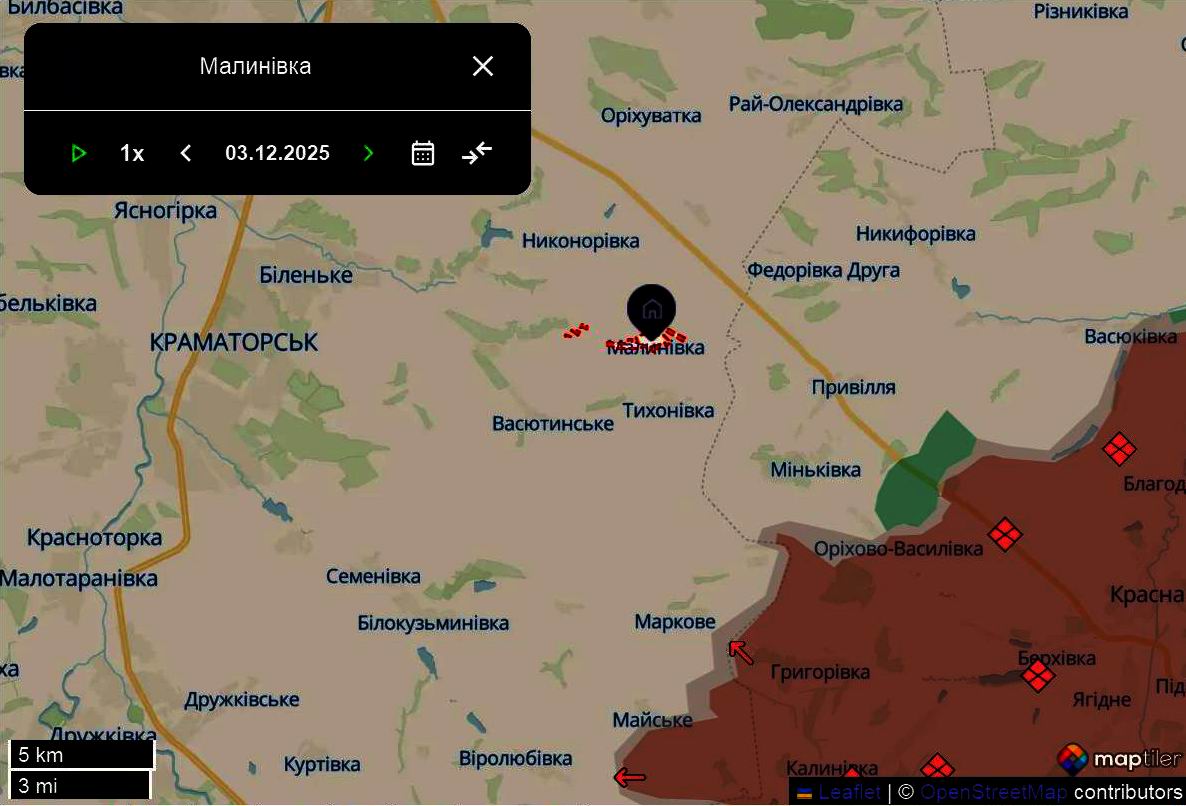 Лінія фронту в районі Краматорська станом на 3 грудня / DeepStateMAP