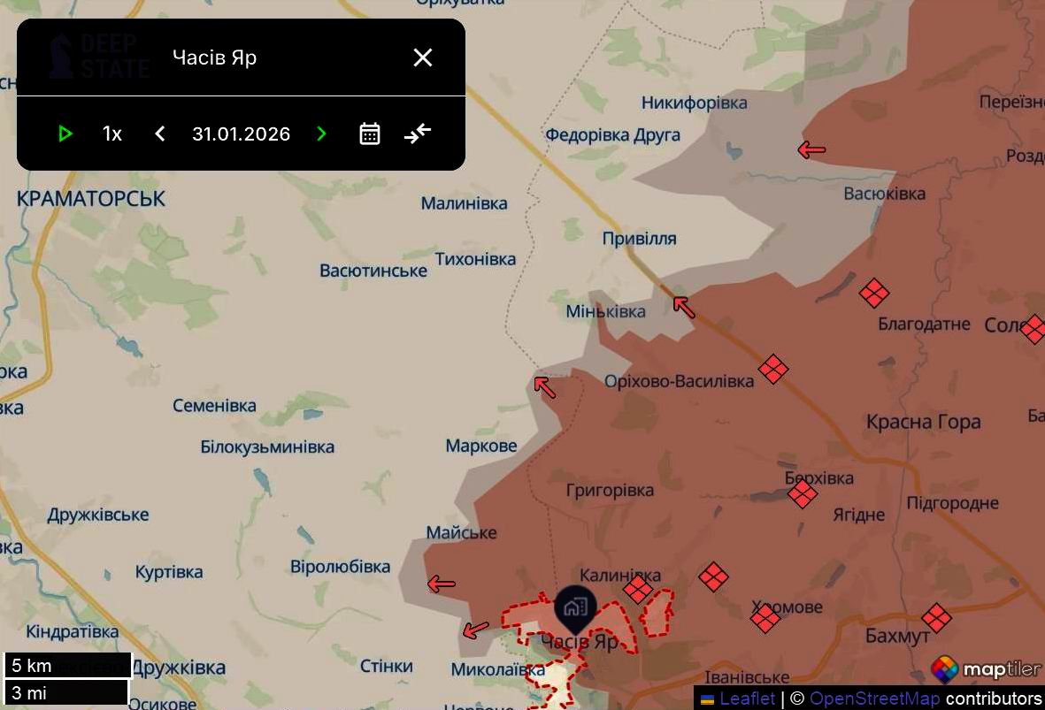 Лінія фронту в районі Краматорська станом на 31 січня/DeepStateMAP Лінія фронту в районі Краматорська станом на 31 січня/DeepStateMAP