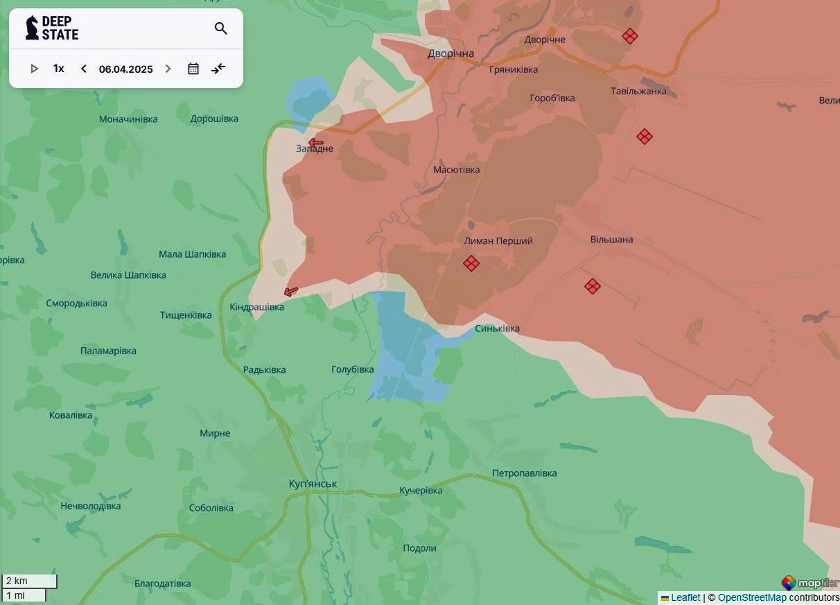 Линия фронта на купянском направлении по состоянию на 6 апреля/DeepStateMAP Линия фронта на купянском направлении по состоянию на 6 апреля/DeepStateMAP