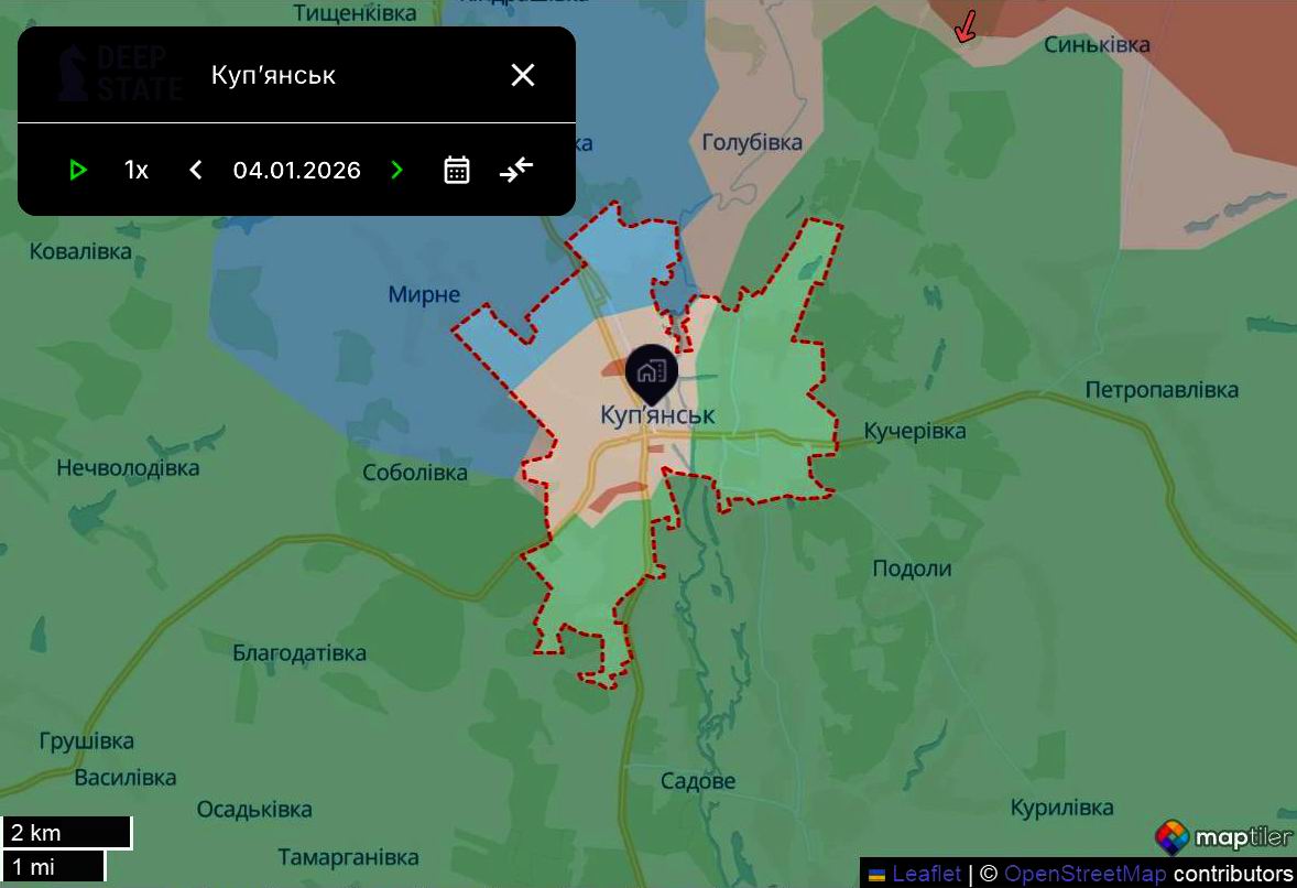 Лінія фронту в районі Куп’янська станом на 4 січня/DeepStateMAP