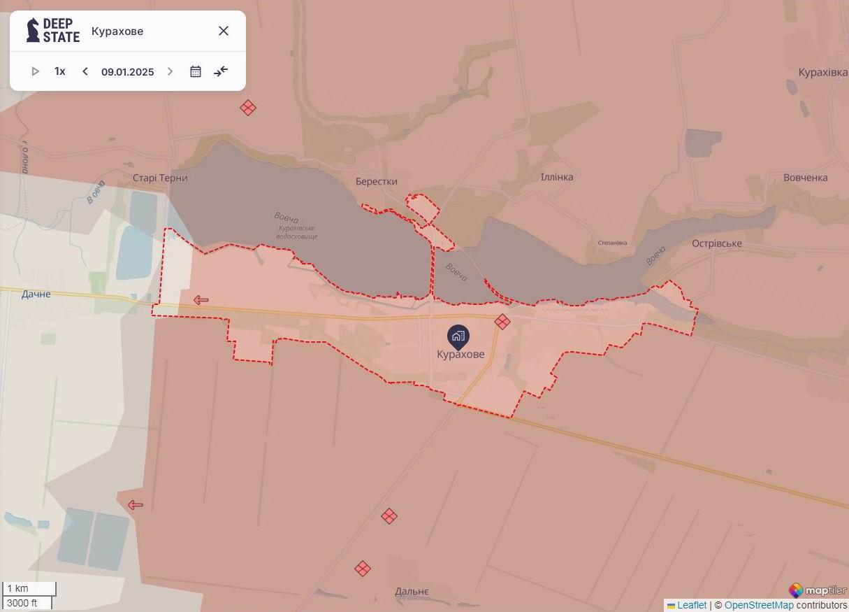 Лінія фронту в районі Курахового станом на 9 січня / DeepStateMAP