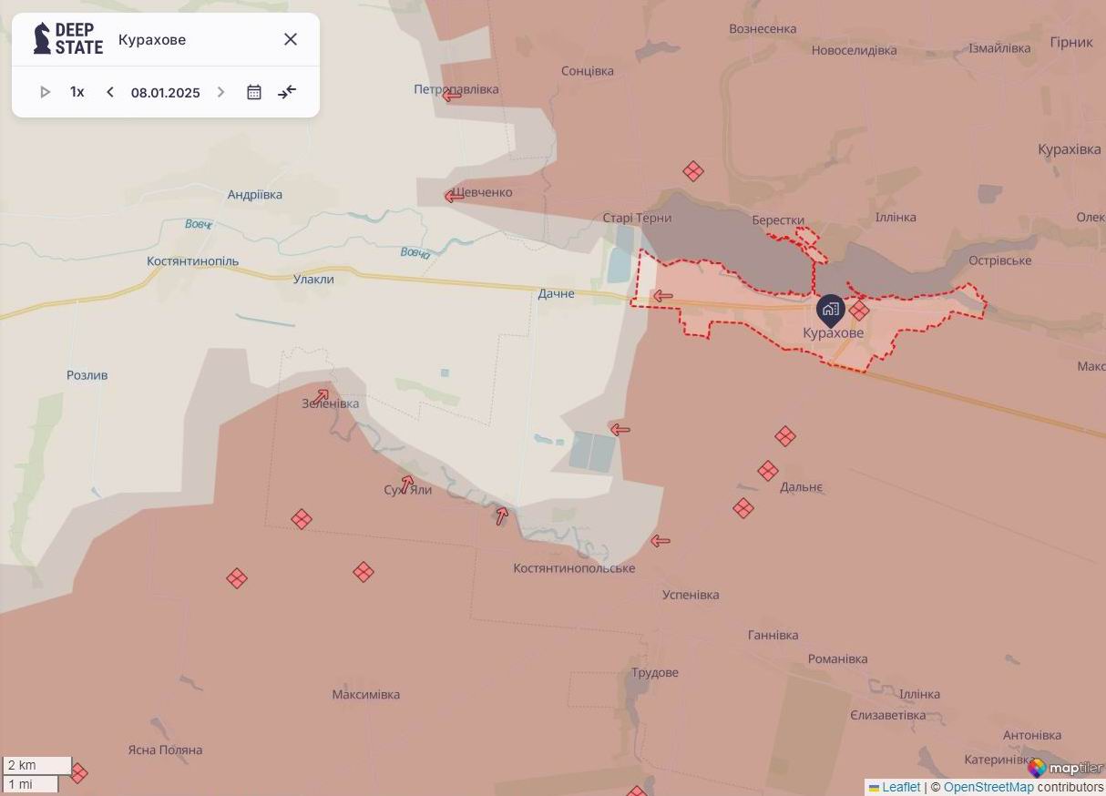 Лінія фронту на курахівському напрямку станом на 8 січня / DeepStateMAP