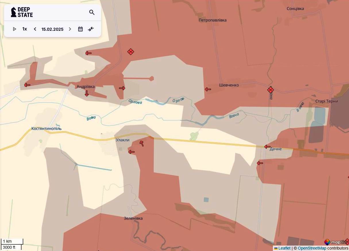 Лінія фронту в районі Курахового станом на 15 лютого / DeepStateMAP