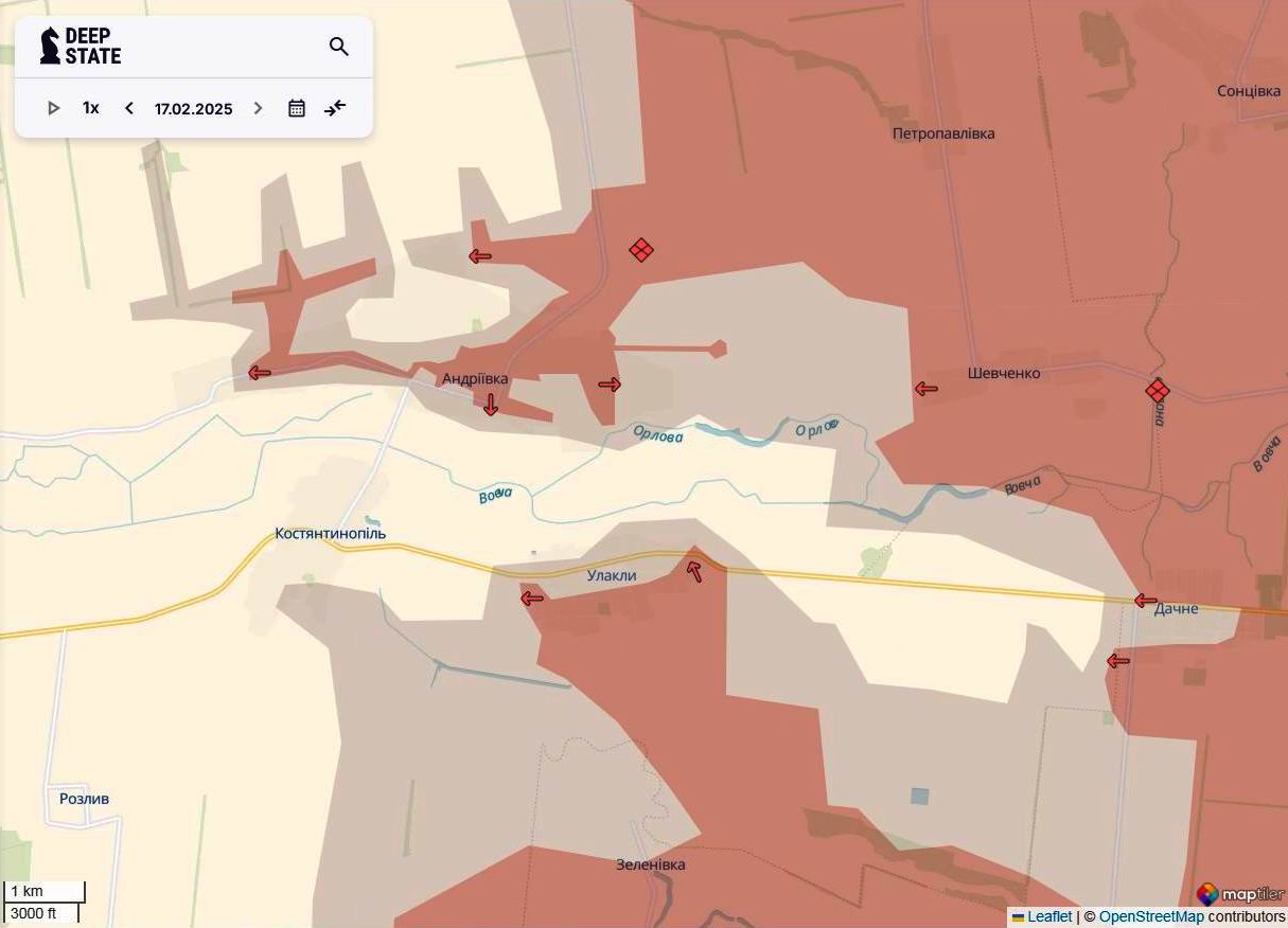 Лінія фронту в районі Улаклів та Андріївки станом на 17 лютого / DeepStateMAP