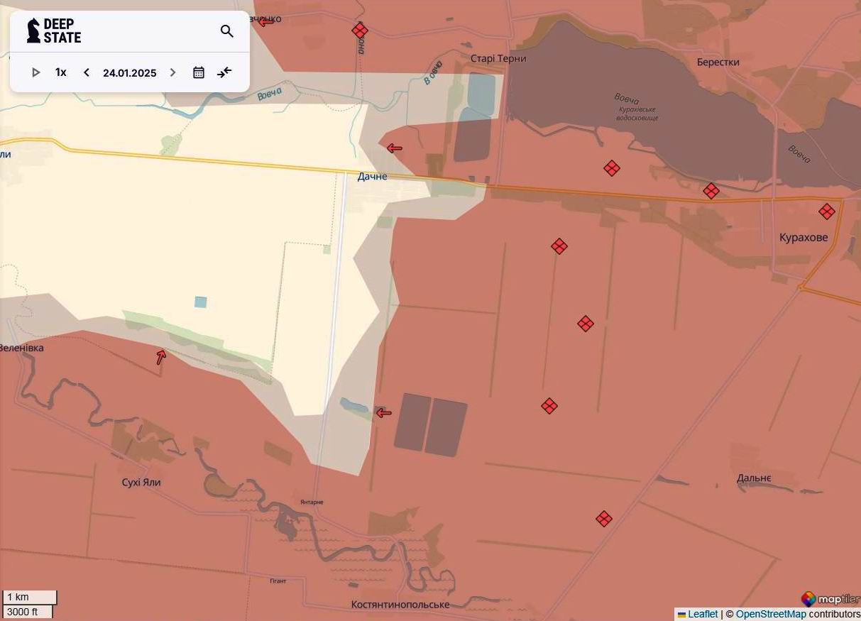 Линия фронта в районе Курахово по состоянию на 24 января/DeepStateMAP