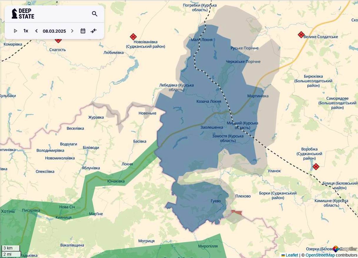 Лінія фронту у Курській області РФ станом на 8 березня / DeepStateMAP