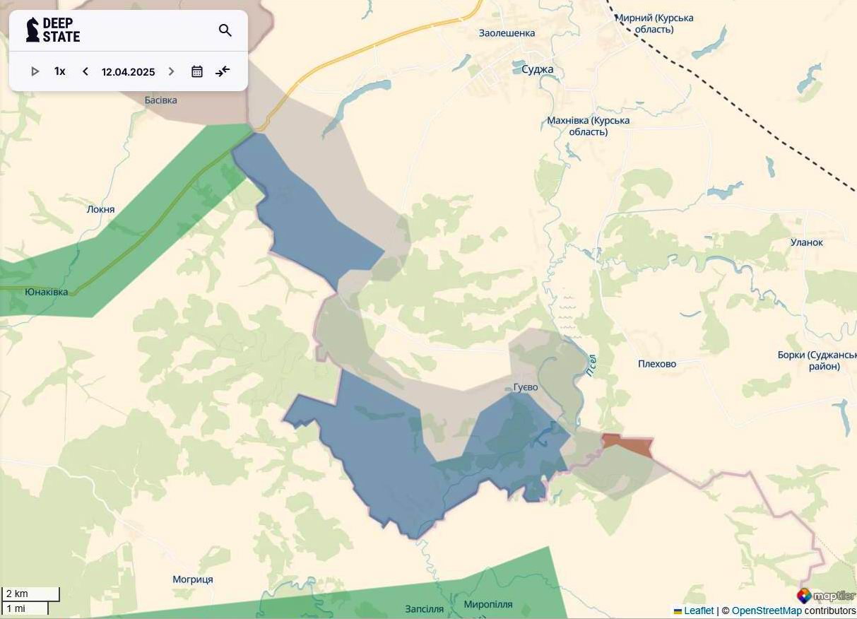 Линия фронта на курском направлении по состоянию на 12 апреля/DeepStateMAP Линия фронта на курском направлении по состоянию на 12 апреля/DeepStateMAP