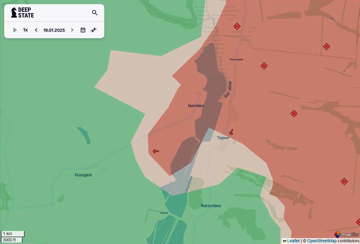 Лінія фронту в районі Іванівки станом на 19 січня / DeepStateMAP