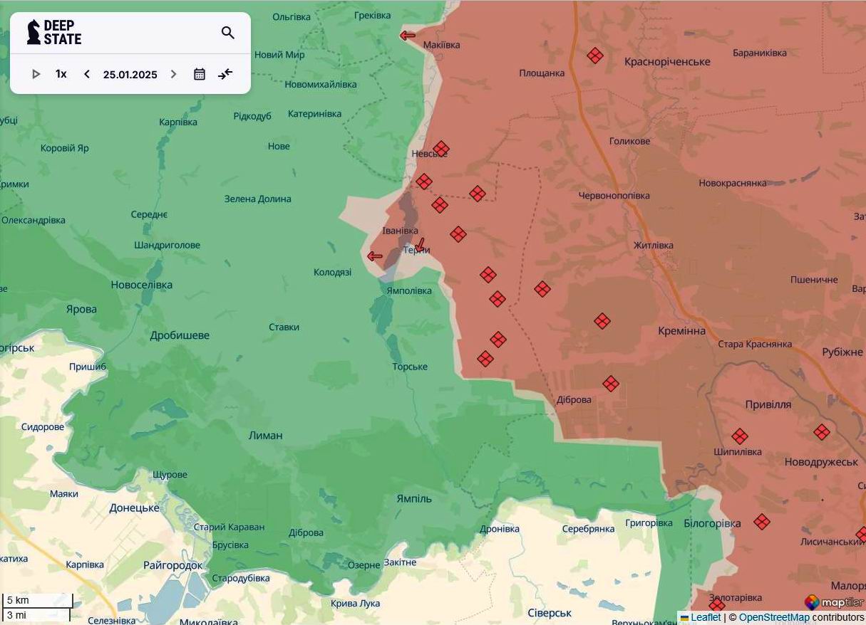 Лінія фронту на лиманському напрямку станом на 25 січня / DeepStateMAP