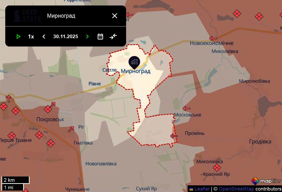Линия фронта в районе Мирнограда на 30 ноября / DeepStateMAP Линия фронта в районе Мирнограда на 30 ноября / DeepStateMAP