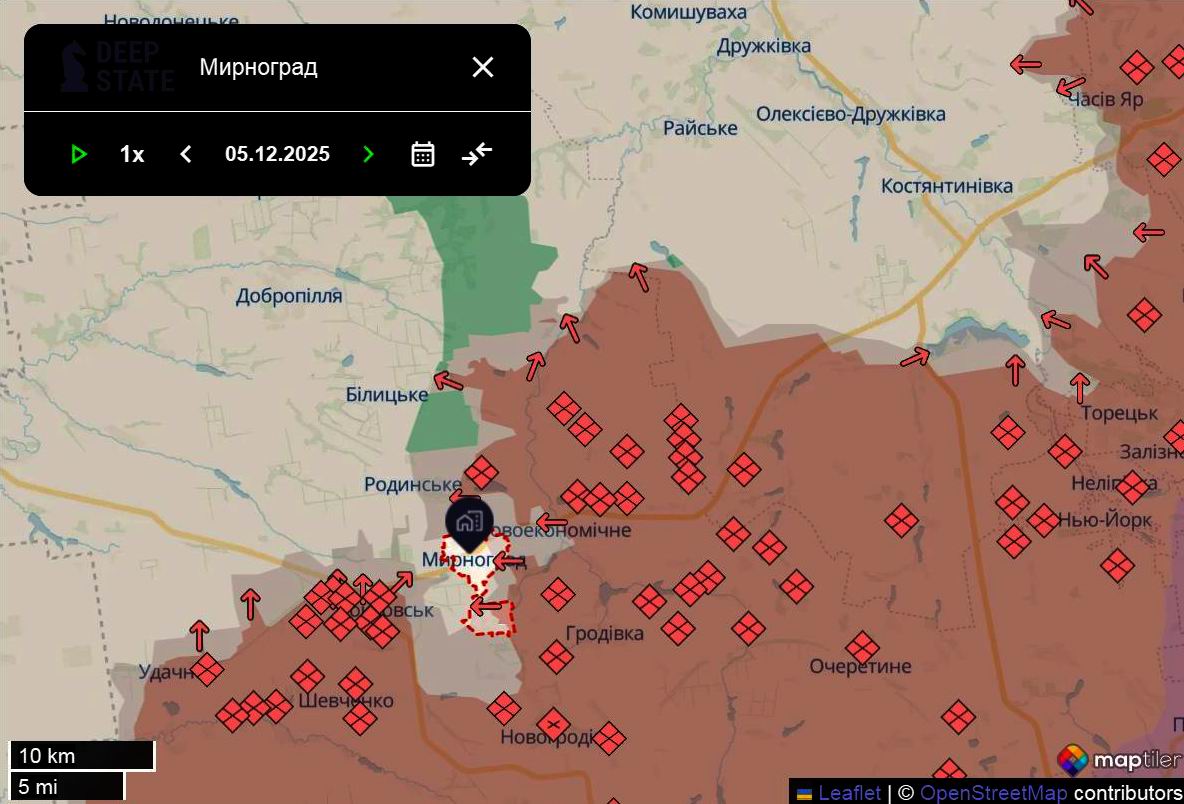 Лінія фронту в районі Мирнограда станом на 5 грудня / DeepStateMAP