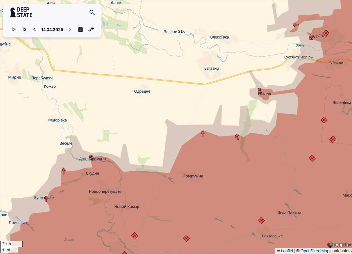 Лінія фронту на новопавлівському напрямку станом на 14 квітня / DeepStateMAP