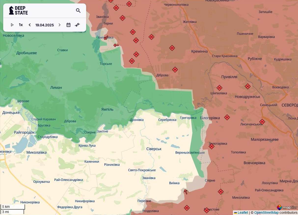 Лінія фронту на новопавлівському напрямку станом на 19 квітня / DeepStateMAP
