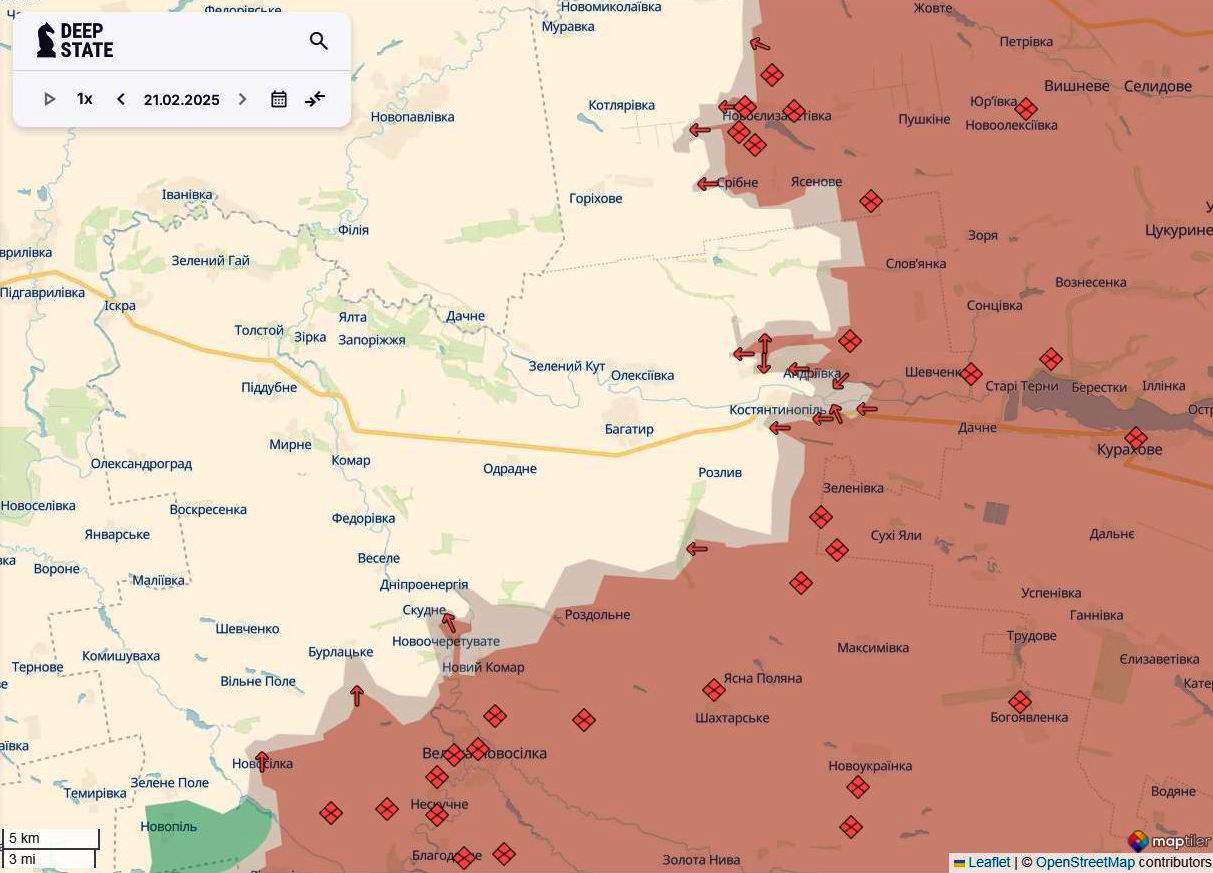 Лінія фронту на новопавлівському напрямку станом на 21 лютого / DeepStateMAP