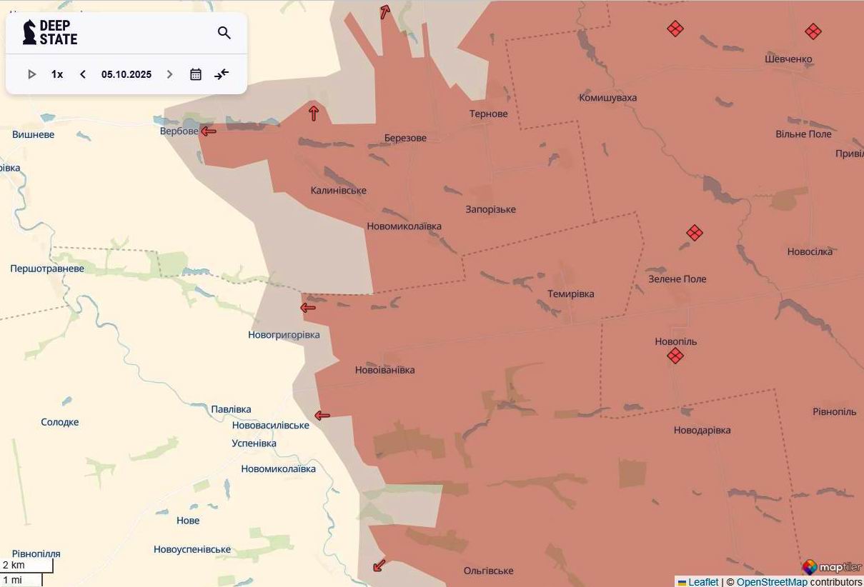 Лінія фронту на новопавлівському напрямку станом на 5 жовтня / DeepStateMAP