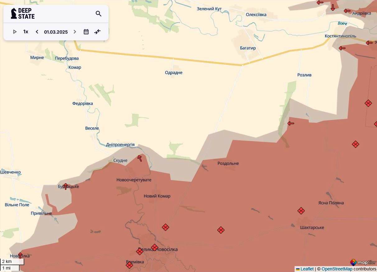 Линия фронта на новопавловском направлении по состоянию на 1 марта/DeepStateMAP