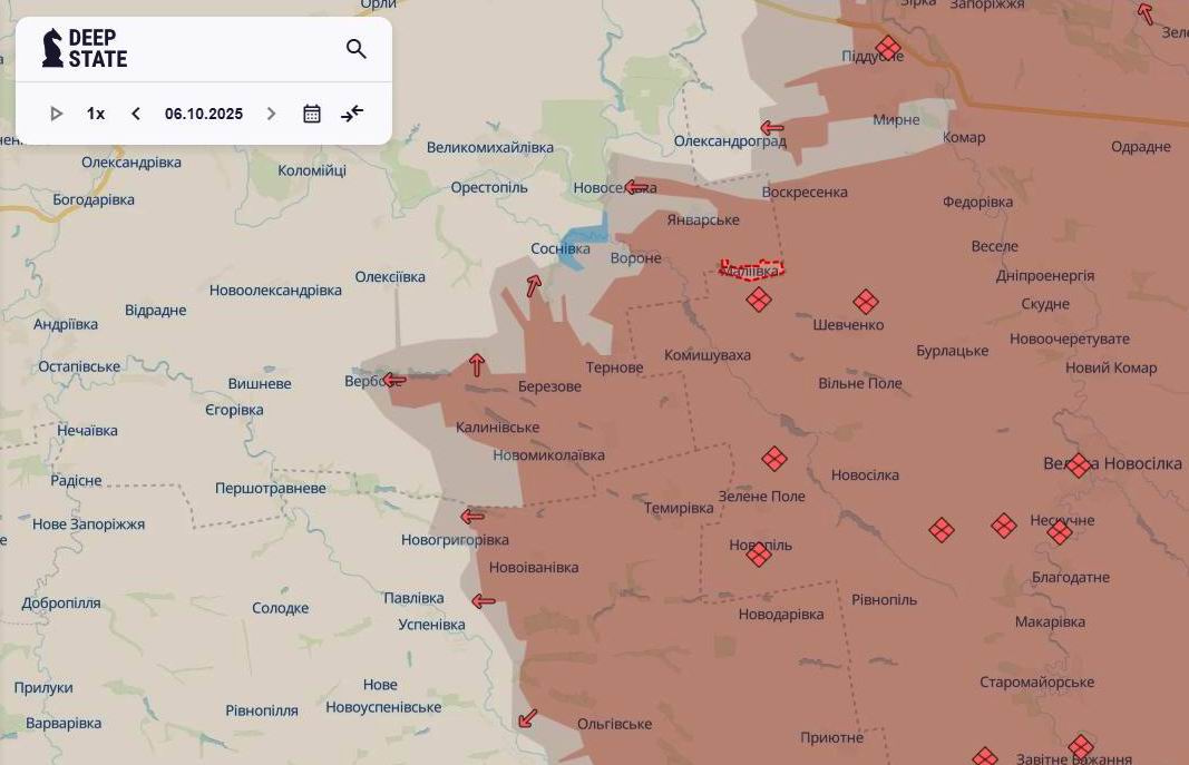Лінія фронту на новопавлівському напрямку станом на 6 жовтня / DeepStateMAP