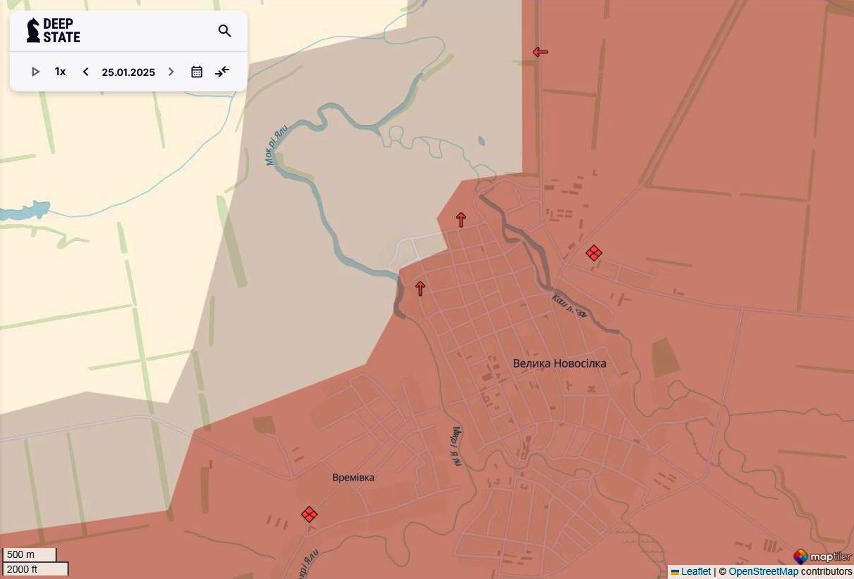 Лінія фронту в районі Великої Новосілки станом на 25 січня / DeepStateMAP