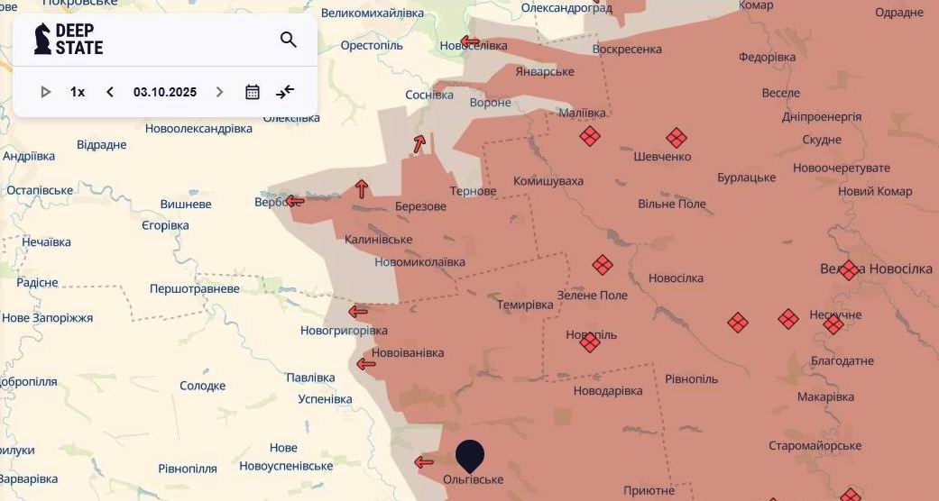 Лінія фронту на новопавлівському напрямку станом на 3 жовтня/DeepStateMAP