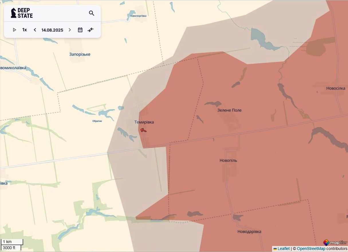 Лінія фронту на новопавлівському напрямку станом на 14 серпня/DeepStateMAP