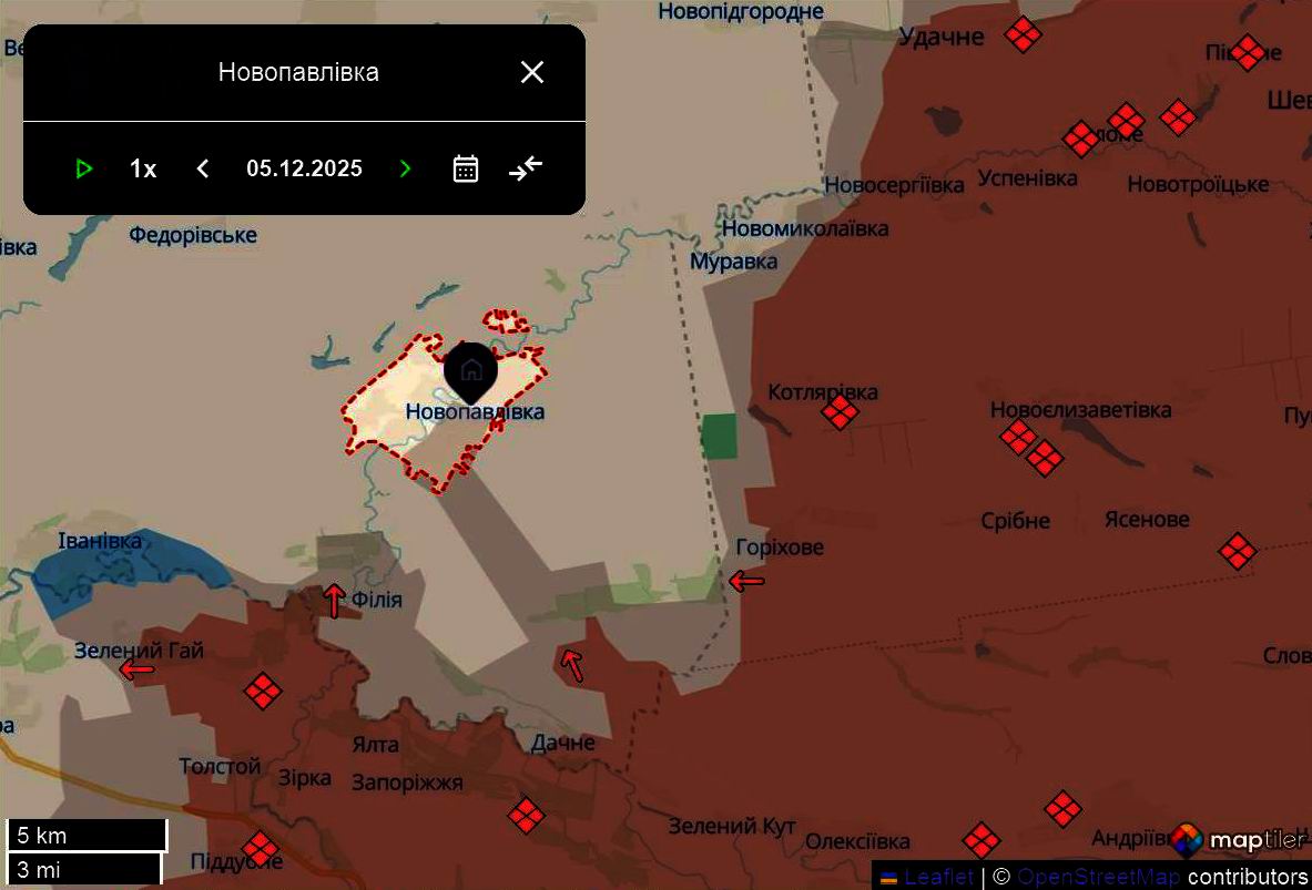 Лінія фронту в районі Новопавлівки станом на 5 грудня/DeepStateMAP Лінія фронту в районі Новопавлівки станом на 5 грудня/DeepStateMAP