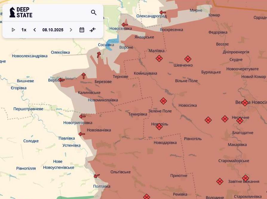 Лінія фронту на олександрівському напрямку станом на 8 жовтня/DeepStateMAP Лінія фронту на олександрівському напрямку станом на 8 жовтня/DeepStateMAP