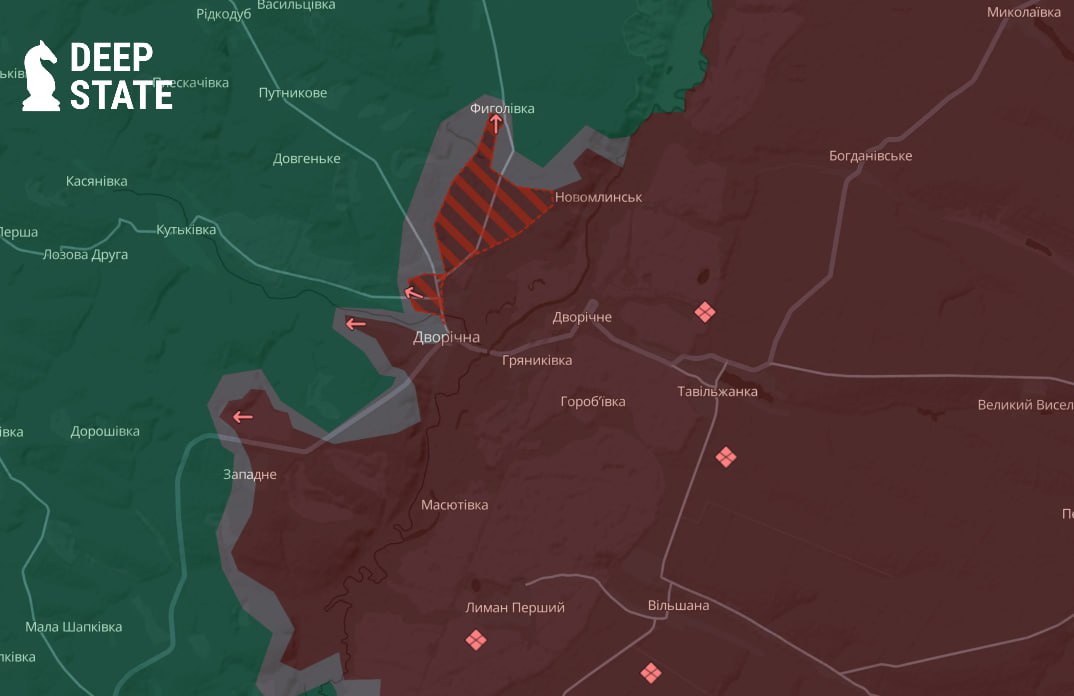 Лінія фронту в районі селища Дворічна станом на 14 лютого / DeepStateMAP Лінія фронту в районі селища Дворічна станом на 14 лютого / DeepStateMAP