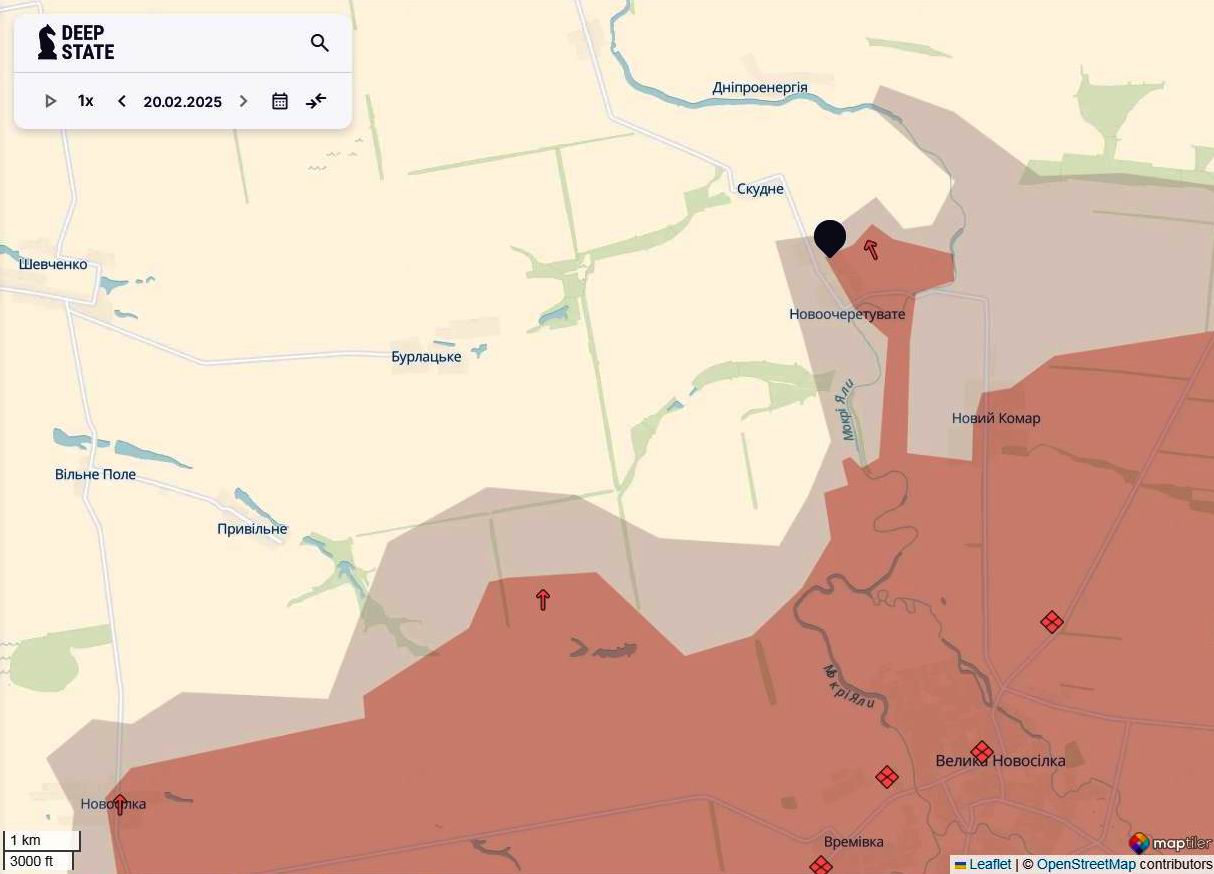 Линия фронта в районе Новотщеватого по состоянию на 20 февраля/DeepStateMAP