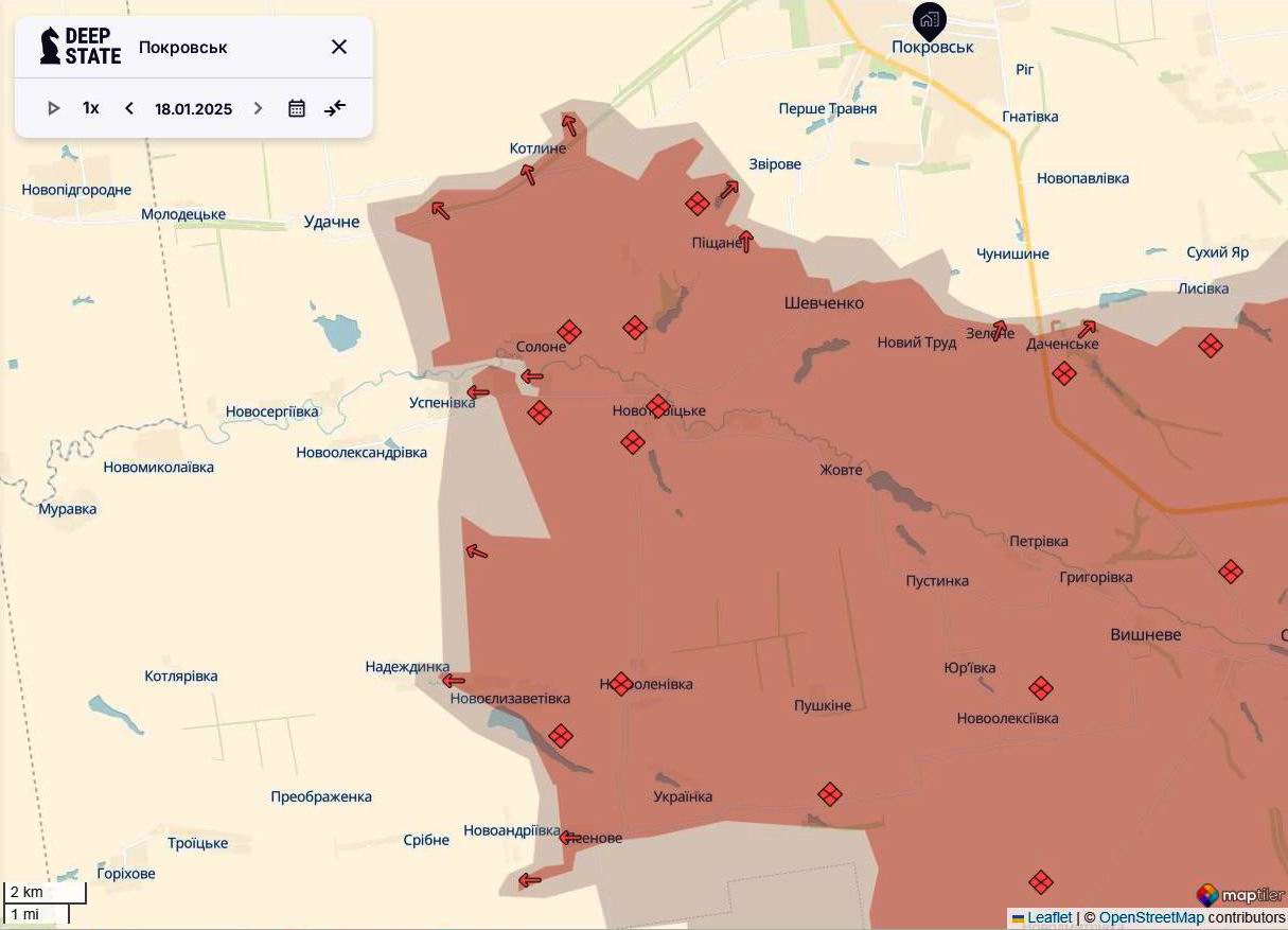 Лінія фронту в районі Покровська станом на 18 січня / DeepStateMAP