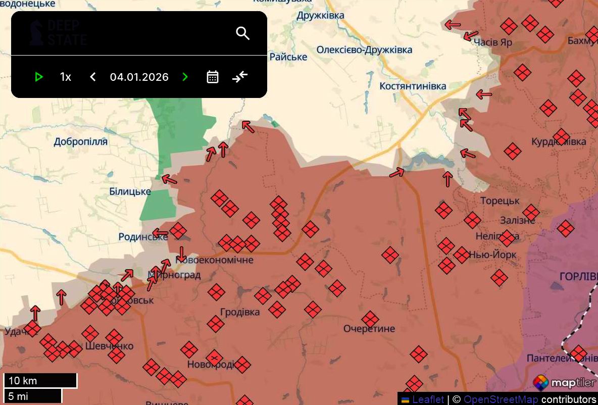 Лінія фронту між Покровськом і Костянтинівкою станом на 4 січня/DeepStateMAP Лінія фронту між Покровськом і Костянтинівкою станом на 4 січня/DeepStateMAP