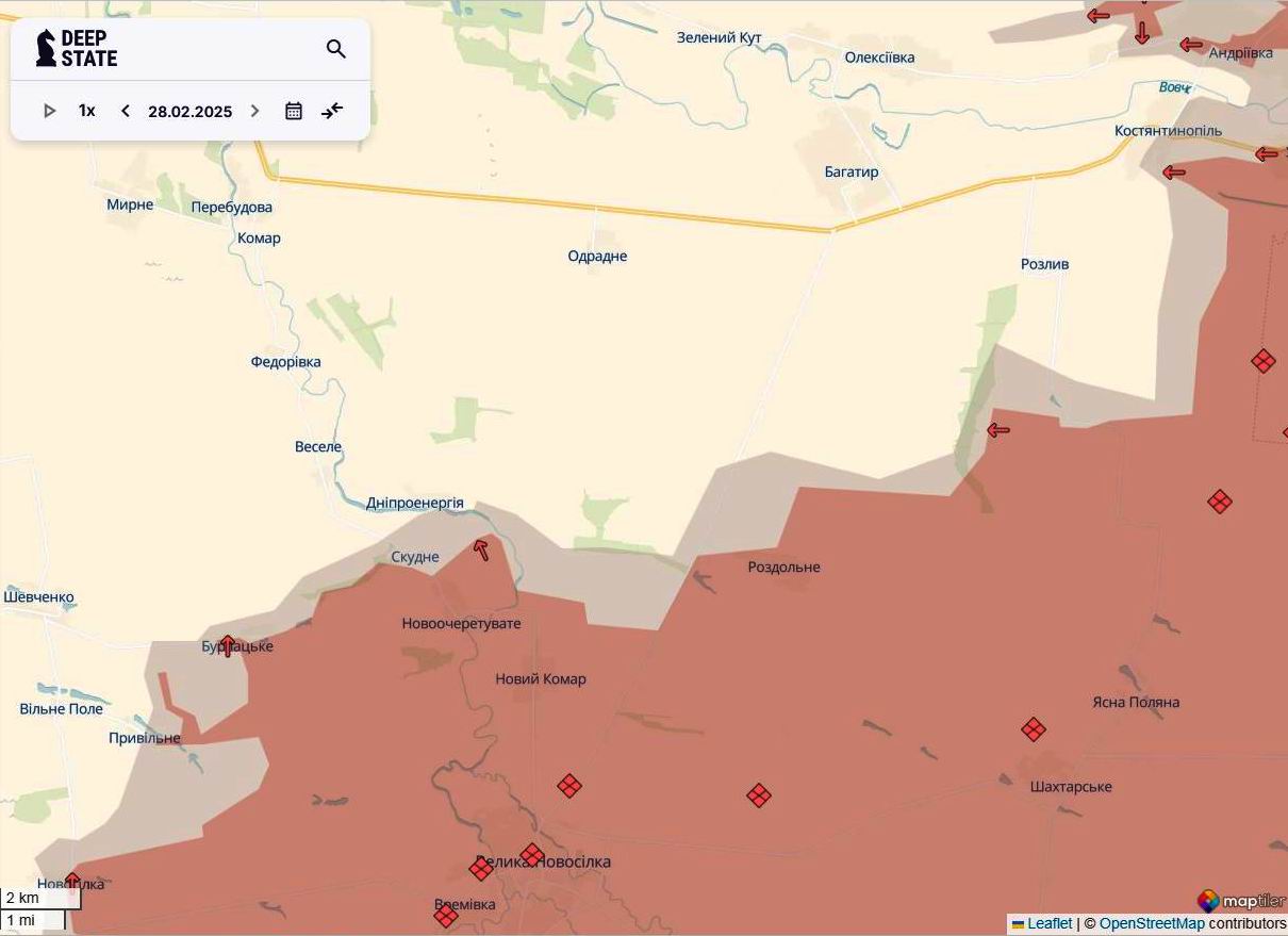 Лінія фронту на новопавлівському напрямку станом на 28 лютого / DeepStateMAP