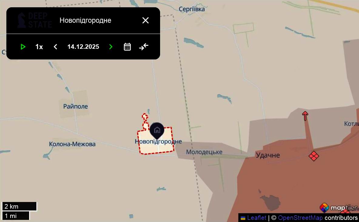 Лінія фронту в районі Удачного та Новопідгороднього станом на 14 грудня / DeepStateMAP