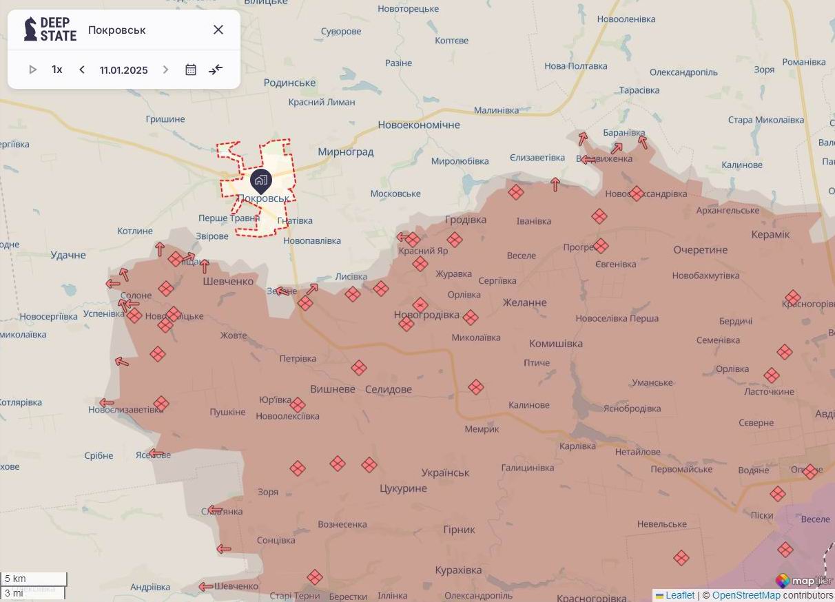 Линия фронта на покровском направлении на 11 января/DeepStateMAP