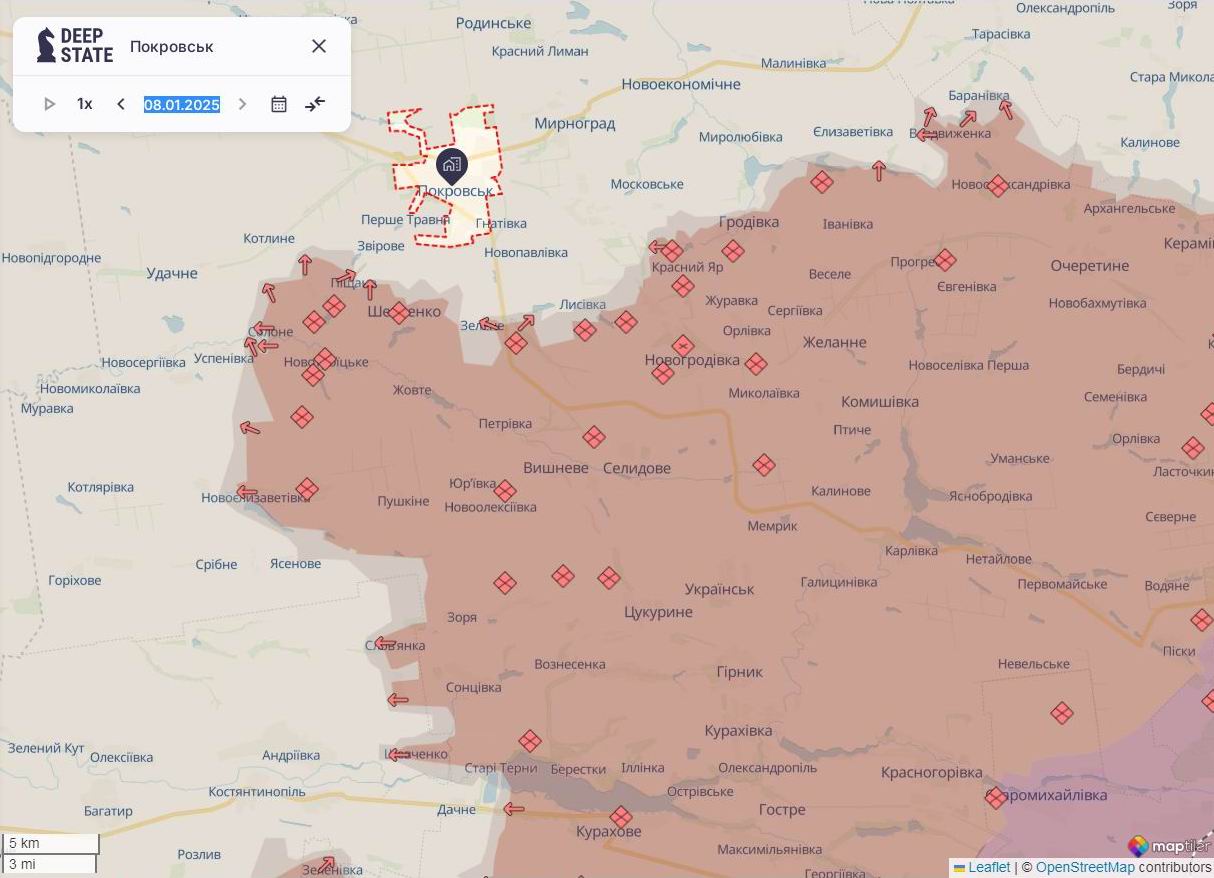 Лінія фронту на покровському напрямку станом на 8 січня / DeepStateMAP