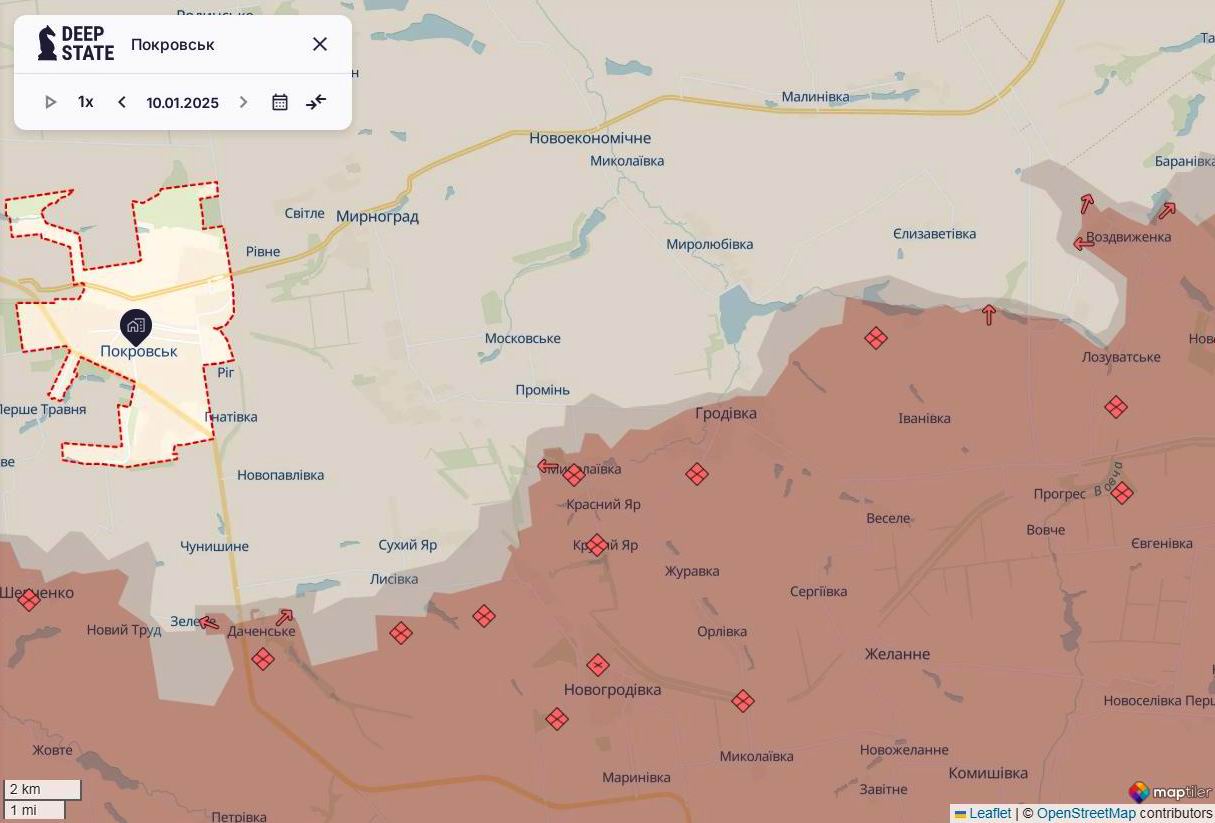 Лінія фронту в районі Покровська станом на 10 січня / DeepStateMAP