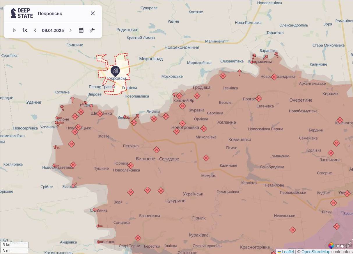 Лінія фронту на Донеччині станом на 9 січня / DeepStateMAP