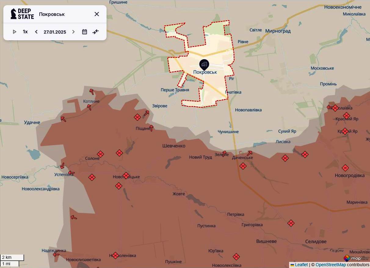 Лінія фронту в районі Покровська станом на 27 січня / DeepStateMAP