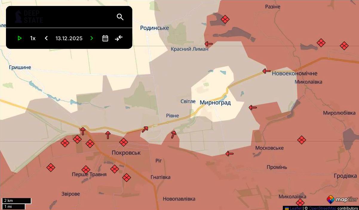 Лінія фронту в районі Мирнограда станом на 13 грудня / DeepStateMAP Лінія фронту в районі Мирнограда станом на 13 грудня / DeepStateMAP