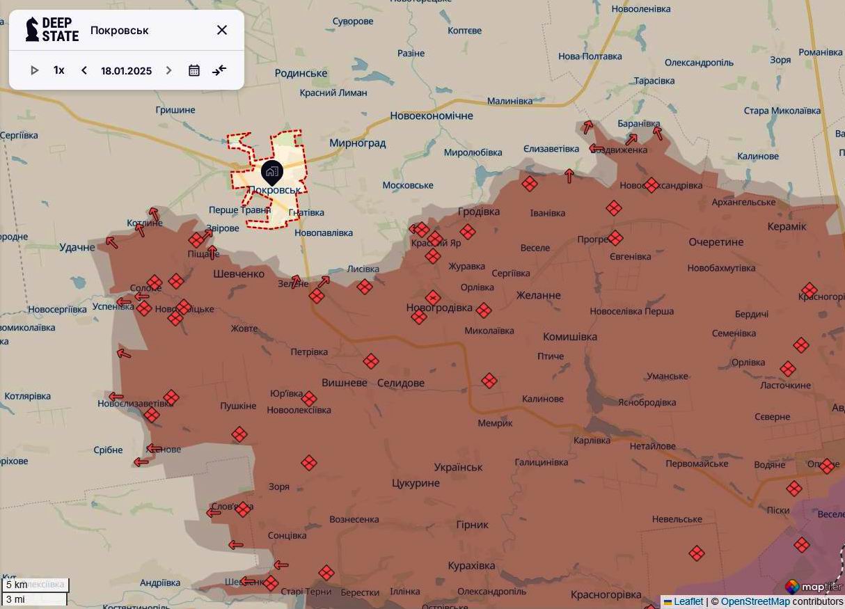 Північний фланг покровського напрямку станом на 18 січня / DeepStateMAP