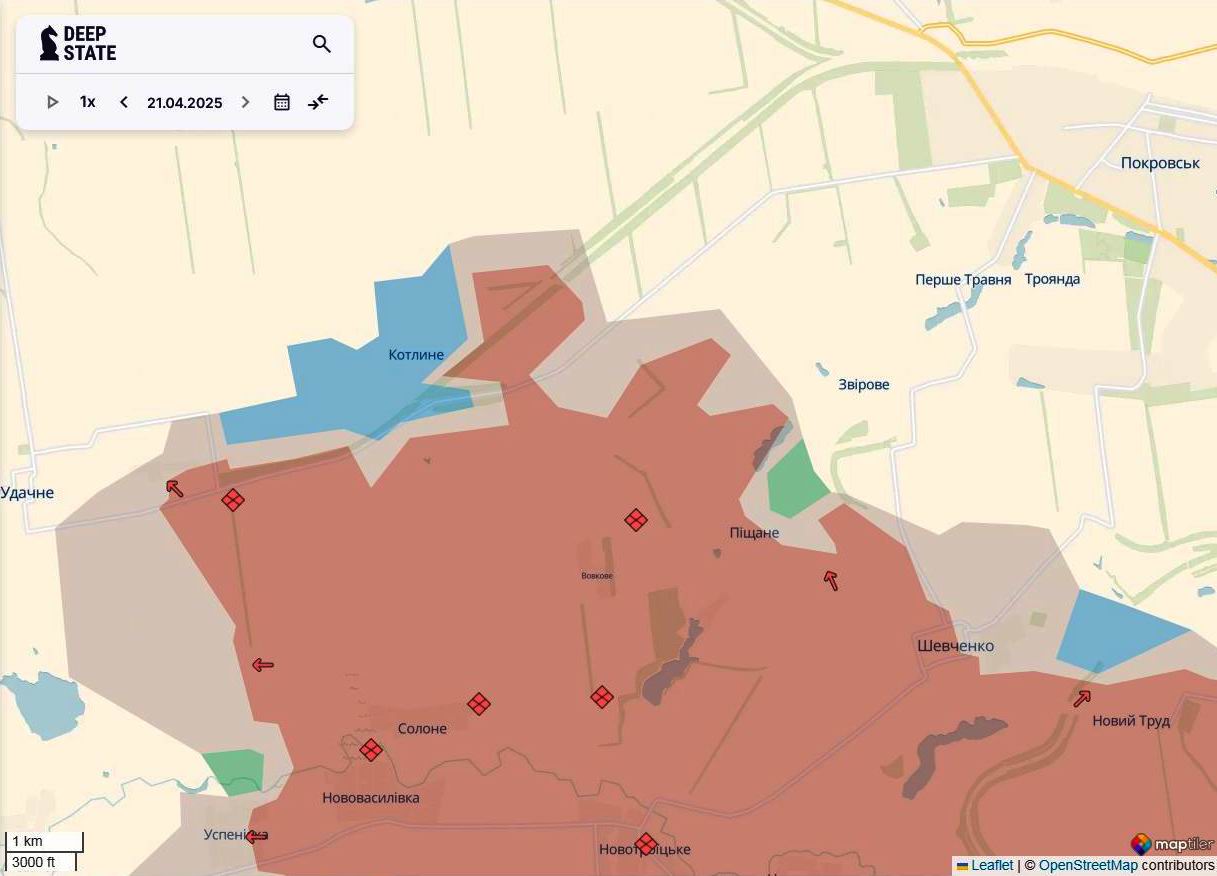 Лінія фронту на покровському напрямку станом на 21 квітня / DeepStateMAP