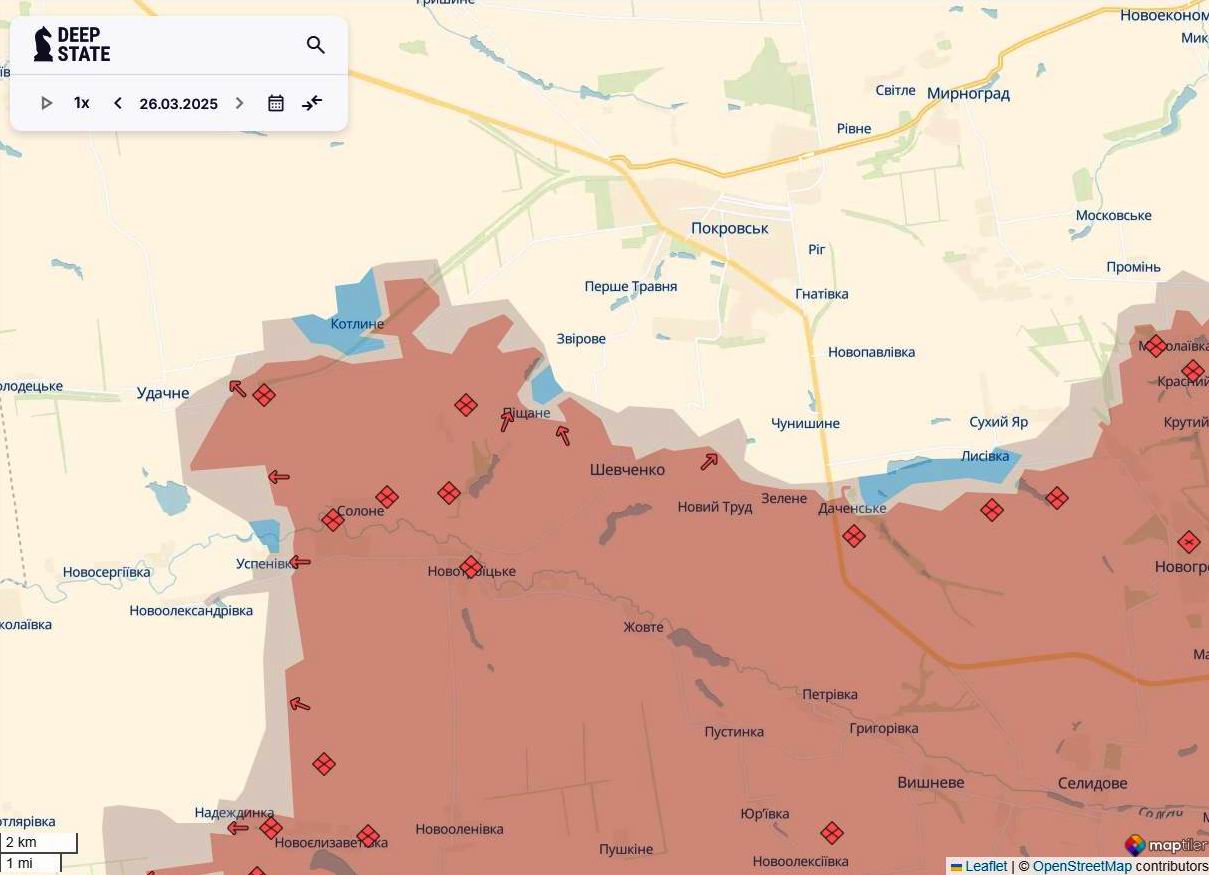 Лінія фронту в районі Покровська станом на 26 березня / DeepStateMAP