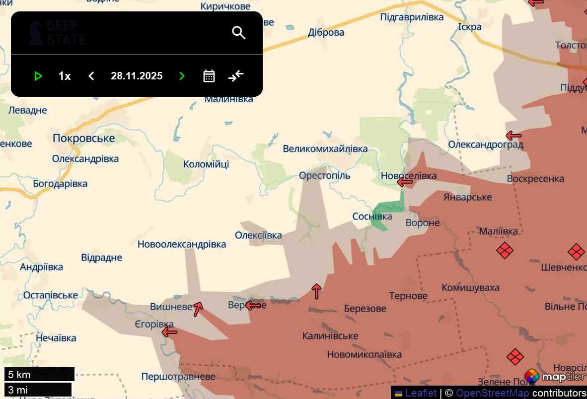 Лінія фронту в районі селища Покровське станом на 28 листопада/DeepStateMAP Лінія фронту в районі селища Покровське станом на 28 листопада/DeepStateMAP
