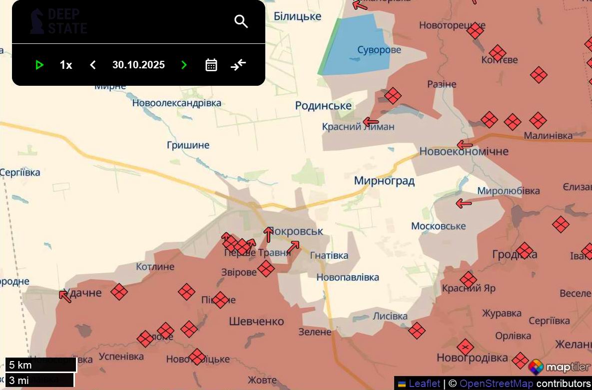 Лінія фронту в районі Покровська станом на 30 жовтня / DeepStateMAP Лінія фронту в районі Покровська станом на 30 жовтня / DeepStateMAP