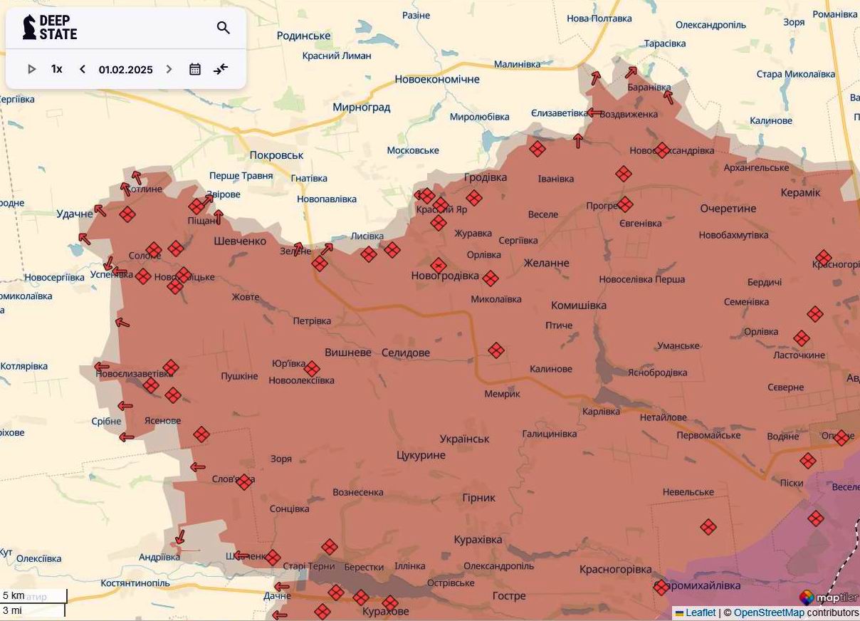 Лінія фронту на покровському напрямку станом на 1 лютого / DeepStateMAP Лінія фронту на покровському напрямку станом на 1 лютого / DeepStateMAP