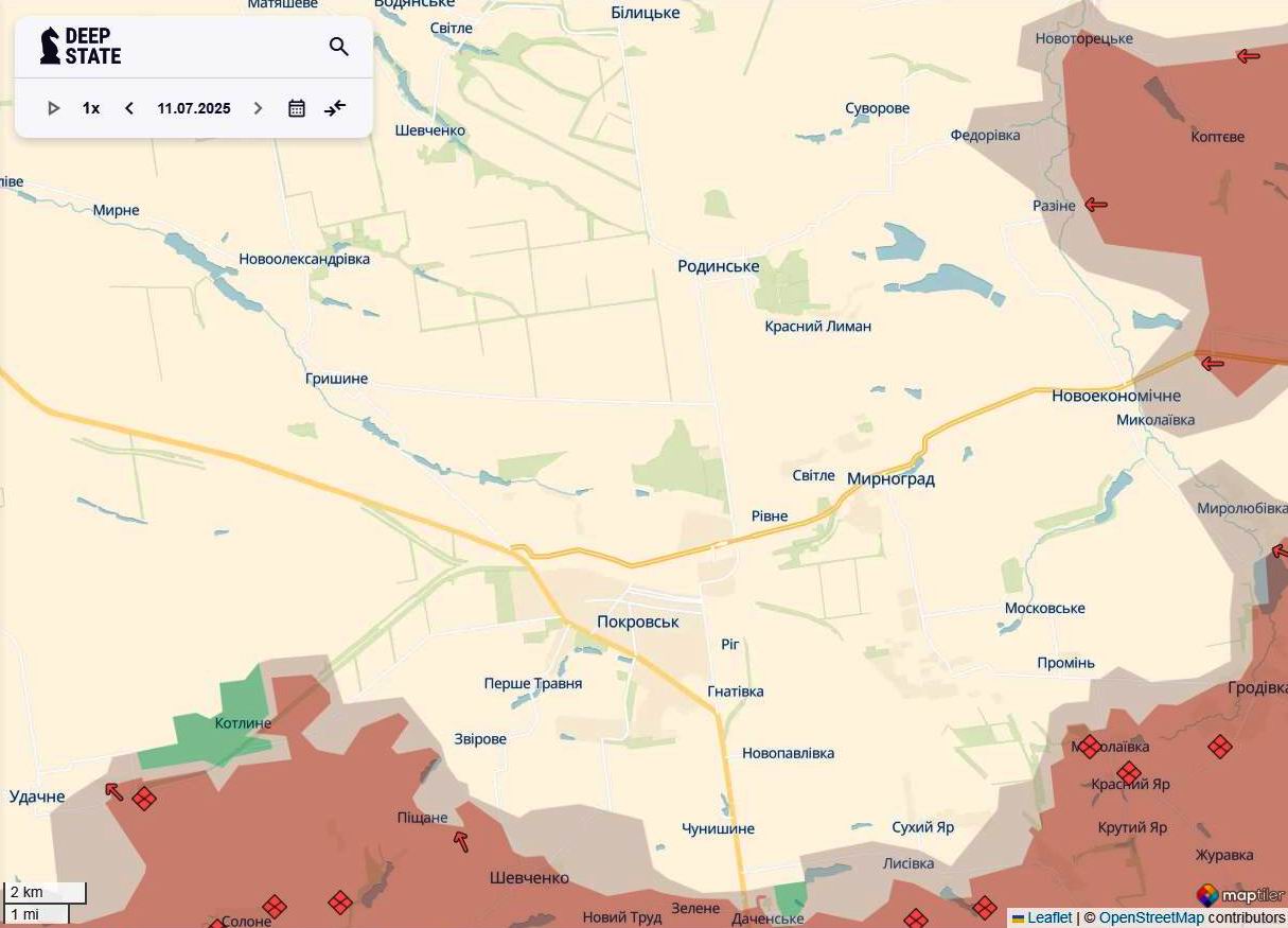 Лінія фронту на півночі покровського напрямку станом на 11 липня / DeepStateMAP