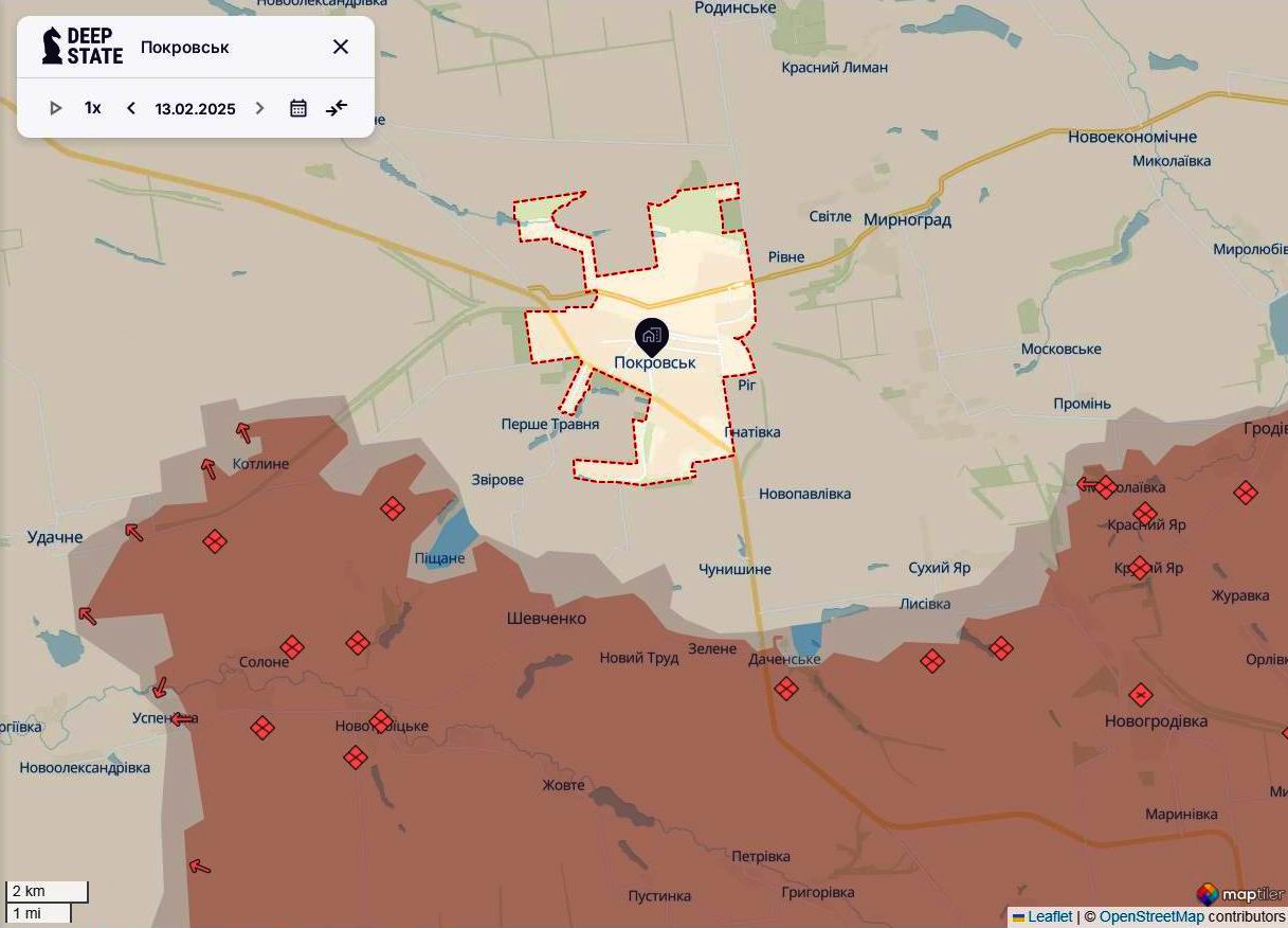 Лінія фронту в районі Покровська станом на 13 лютого / DeepStateMAP